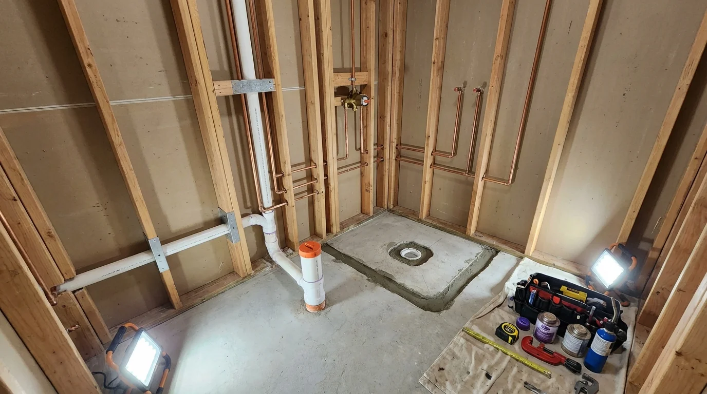 Bathroom rough-in plumbing during remodel by Johns Plumbing LLC in San Ramon