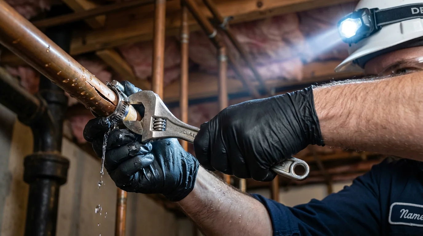 Emergency pipe clamp repair being performed by a Johns Plumbing LLC plumber in San Ramon
