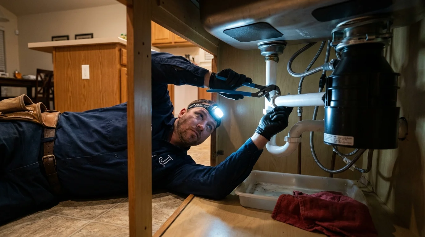 P-trap and supply line connections under a kitchen sink showing a common leak point in San Ramon, CA